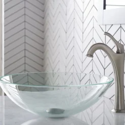 New 16 1/2-Inch Crystal Clear Glass Bathroom Vessel Sink and Arlo Faucet Combo Set with Pop-Up Drain Sink And Faucet Combos|Above Counter / Vessel Sinks