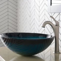 Sale 17-Inch Green Glass Nature Series Bathroom Vessel Sink and Arlo Faucet Combo Set with Pop-Up Drain Sink And Faucet Combos|Above Counter / Vessel Sinks