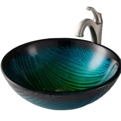 Sale 17-Inch Green Glass Nature Series Bathroom Vessel Sink and Arlo Faucet Combo Set with Pop-Up Drain Sink And Faucet Combos|Above Counter / Vessel Sinks