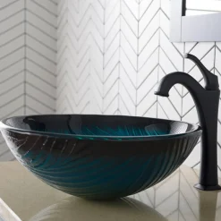 Sale 17-Inch Green Glass Nature Series Bathroom Vessel Sink and Arlo Faucet Combo Set with Pop-Up Drain Sink And Faucet Combos|Above Counter / Vessel Sinks