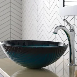 Sale 17-Inch Green Glass Nature Series Bathroom Vessel Sink and Arlo Faucet Combo Set with Pop-Up Drain Sink And Faucet Combos|Above Counter / Vessel Sinks