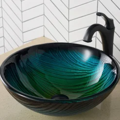 Sale 17-Inch Green Glass Nature Series Bathroom Vessel Sink and Arlo Faucet Combo Set with Pop-Up Drain Sink And Faucet Combos|Above Counter / Vessel Sinks