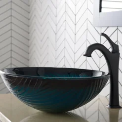 Sale 17-Inch Green Glass Nature Series Bathroom Vessel Sink and Arlo Faucet Combo Set with Pop-Up Drain Sink And Faucet Combos|Above Counter / Vessel Sinks