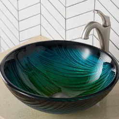 Sale 17-Inch Green Glass Nature Series Bathroom Vessel Sink and Arlo Faucet Combo Set with Pop-Up Drain Sink And Faucet Combos|Above Counter / Vessel Sinks