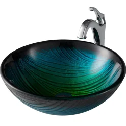 Sale 17-Inch Green Glass Nature Series Bathroom Vessel Sink and Arlo Faucet Combo Set with Pop-Up Drain Sink And Faucet Combos|Above Counter / Vessel Sinks