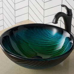 Sale 17-Inch Green Glass Nature Series Bathroom Vessel Sink and Arlo Faucet Combo Set with Pop-Up Drain Sink And Faucet Combos|Above Counter / Vessel Sinks