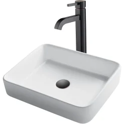 Hot 19-Inch Modern Rectangular White Porcelain Ceramic Bathroom Vessel Sink and Ramus Faucet Combo Set with Pop-Up Drain, Oil Rubbed Bronze Finish Sink And Faucet Combos|Above Counter / Vessel Sinks