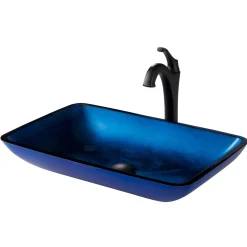 New 22-Inch Rectangular Blue Glass Bathroom Vessel Sink and Arlo Faucet Combo Set with Pop-Up Drain Sink And Faucet Combos|Above Counter / Vessel Sinks