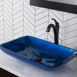 New 22-Inch Rectangular Blue Glass Bathroom Vessel Sink and Arlo Faucet Combo Set with Pop-Up Drain Sink And Faucet Combos|Above Counter / Vessel Sinks