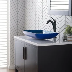 New 22-Inch Rectangular Blue Glass Bathroom Vessel Sink and Arlo Faucet Combo Set with Pop-Up Drain Sink And Faucet Combos|Above Counter / Vessel Sinks