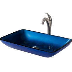 New 22-Inch Rectangular Blue Glass Bathroom Vessel Sink and Arlo Faucet Combo Set with Pop-Up Drain Sink And Faucet Combos|Above Counter / Vessel Sinks