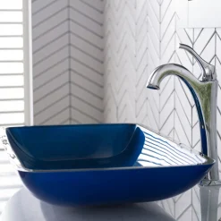 New 22-Inch Rectangular Blue Glass Bathroom Vessel Sink and Arlo Faucet Combo Set with Pop-Up Drain Sink And Faucet Combos|Above Counter / Vessel Sinks