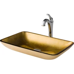 22-Inch Rectangular Gold Glass Bathroom Vessel Sink and Arlo Faucet Combo Set with Pop-Up Drain Sink And Faucet Combos|Above Counter / Vessel Sinks