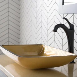22-Inch Rectangular Gold Glass Bathroom Vessel Sink and Arlo Faucet Combo Set with Pop-Up Drain Sink And Faucet Combos|Above Counter / Vessel Sinks