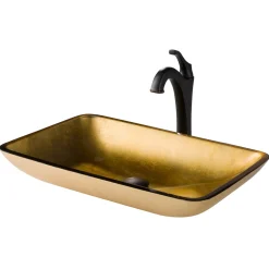 22-Inch Rectangular Gold Glass Bathroom Vessel Sink and Arlo Faucet Combo Set with Pop-Up Drain Sink And Faucet Combos|Above Counter / Vessel Sinks