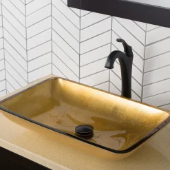 22-Inch Rectangular Gold Glass Bathroom Vessel Sink and Arlo Faucet Combo Set with Pop-Up Drain Sink And Faucet Combos|Above Counter / Vessel Sinks