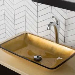 22-Inch Rectangular Gold Glass Bathroom Vessel Sink and Arlo Faucet Combo Set with Pop-Up Drain Sink And Faucet Combos|Above Counter / Vessel Sinks