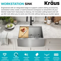 Discount  Kore 24" Apron Front Workstation 16 Gauge Stainless Steel Single Bowl Kitchen Sink with Accessories Stainless Steel Sinks|Single Bowl Sinks