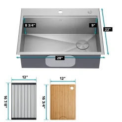Best  Kore 28" Drop-In Workstation 16 Gauge Stainless Steel Single Bowl Kitchen Sink with Accessories Drop-In / Top Mount Sinks|Stainless Steel Sinks