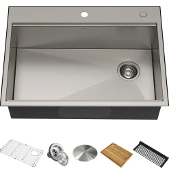 Clearance  Kore 30" Drop-In Workstation 16 Gauge Stainless Steel Single Bowl Kitchen Sink with Accessories Drop-In / Top Mount Sinks|Stainless Steel Sinks