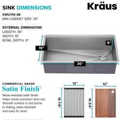 Kore 36" Undermount Workstation 16 Gauge Stainless Steel Single Bowl Kitchen Sink with Accessories Workstation Sinks|Stainless Steel Sinks