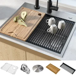 Clearance Kore Workstation 25" Drop-In or Undermount 16 Gauge Kitchen Sink with Accessories Drop-In / Top Mount Sinks|Stainless Steel Sinks