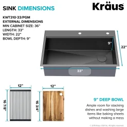 Best Kore Workstation 33" Drop-In 16 Gauge Single Bowl Kitchen Sink in PVD Gunmetal Gunmetal, Brass, & Gold|Single Bowl Sinks