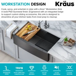 Kore Workstation 33" Farmhouse Apron Front 16 Gauge Single Bowl Kitchen Sink in PVD Gunmetal Gunmetal, Brass, & Gold|Single Bowl Sinks