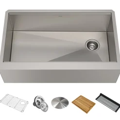 Kore Workstation 33" Farmhouse Flat Apron Front 16 Gauge Single Bowl Stainless Steel Kitchen Sink with Accessories Stainless Steel Sinks|Single Bowl Sinks
