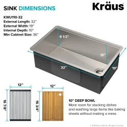 Best Kore Workstation 32" Undermount 16 Gauge Single Bowl Stainless Steel Kitchen Sink with Accessories Workstation Sinks|Stainless Steel Sinks