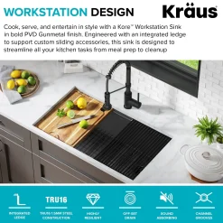 Best Kore Workstation 32" Undermount 16 Gauge Single Bowl Kitchen Sink in PVD Gunmetal Workstation Sinks|Gunmetal, Brass, & Gold