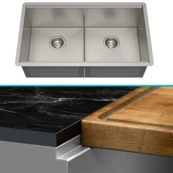 Discount Kore Workstation 33" Undermount 16 Gauge Double Bowl Stainless Steel Kitchen Sink with Accessories Workstation Sinks|Double Bowl Sinks