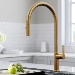 Online Oletto High-Arc Single Handle Pull-Down Kitchen Faucet in Brushed Brass Single Hole