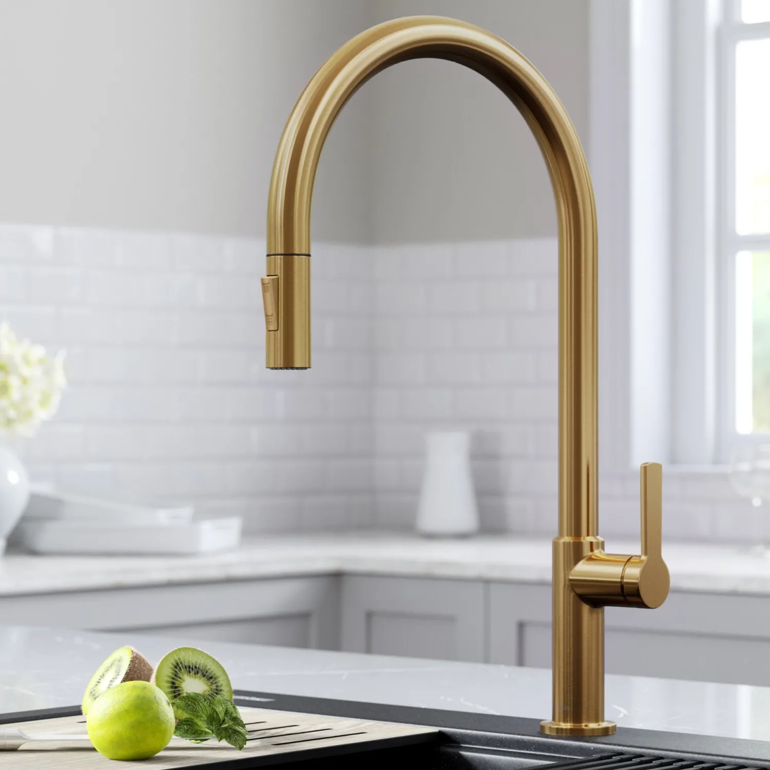 Online Oletto High-Arc Single Handle Pull-Down Kitchen Faucet in Brushed Brass Single Hole