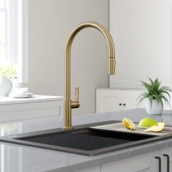 Online Oletto High-Arc Single Handle Pull-Down Kitchen Faucet in Spot Free Antique Champagne Bronze Single Hole