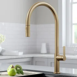 Online Oletto High-Arc Single Handle Pull-Down Kitchen Faucet in Spot Free Antique Champagne Bronze Single Hole