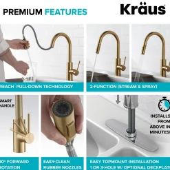 Best Oletto Pull-Down Kitchen Faucet & Purita Water Filter Faucet in Brushed Brass Single Hole|Water Filter Faucets