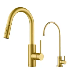 Best Oletto Pull-Down Kitchen Faucet & Purita Water Filter Faucet in Brushed Brass Single Hole|Water Filter Faucets