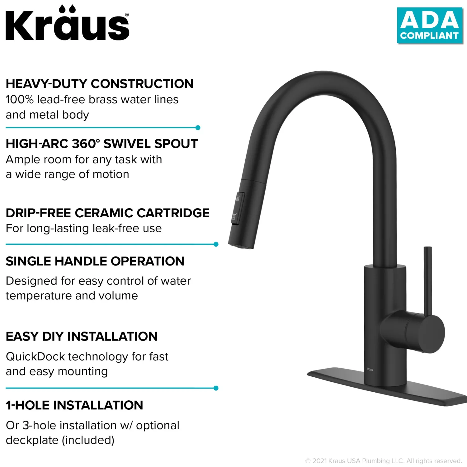Oletto Pull-Down Single Handle Kitchen Faucet in Matte Black Single Hole
