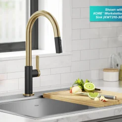 Oletto Single Handle Brushed Brass & Matte Black Pull-Down Kitchen Faucet Single Hole