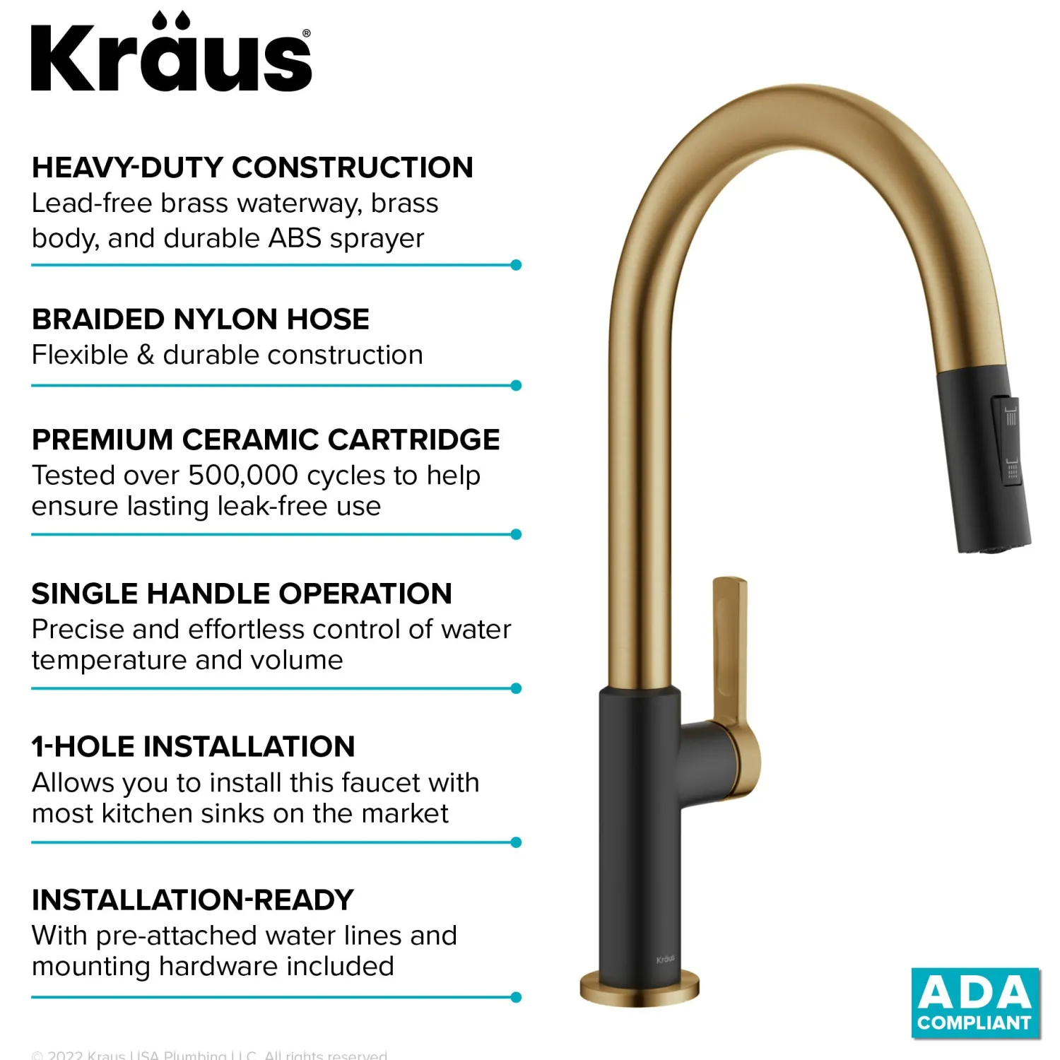 Oletto Single Handle Brushed Brass & Matte Black Pull-Down Kitchen Faucet Single Hole