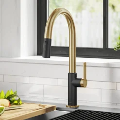 Oletto Single Handle Brushed Brass & Matte Black Pull-Down Kitchen Faucet Single Hole