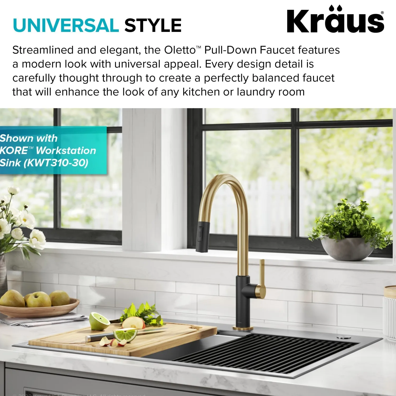 Oletto Single Handle Brushed Brass & Matte Black Pull-Down Kitchen Faucet Single Hole