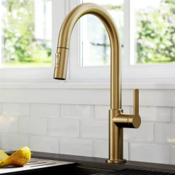 Sale Oletto Single Handle Pull-Down Kitchen Faucet in Brushed Brass Single Hole