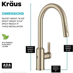 Oletto Touchless Pull-Down Kitchen Faucet in Spot-Free Antique Champagne Bronze Touchless, Sensor And Tap Activated Kitchen Faucets|Single Hole