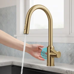 New Oletto Touchless Pull-Down Kitchen Faucet in Brushed Brass Touchless, Sensor And Tap Activated Kitchen Faucets|Single Hole