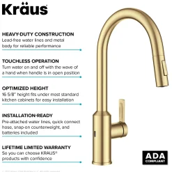 New Oletto Touchless Pull-Down Kitchen Faucet in Brushed Brass Touchless, Sensor And Tap Activated Kitchen Faucets|Single Hole