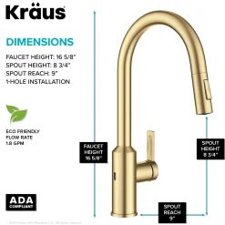 New Oletto Touchless Pull-Down Kitchen Faucet in Brushed Brass Touchless, Sensor And Tap Activated Kitchen Faucets|Single Hole