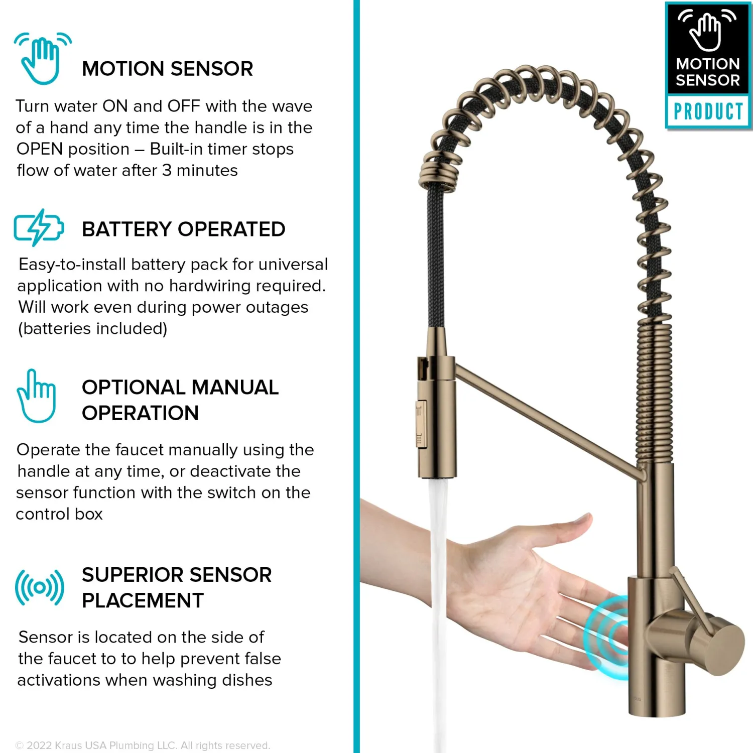 Discount Oletto Touchless Pull-Down Single Handle Faucet in Spot Free Antique Champagne Bronze Touchless, Sensor And Tap Activated Kitchen Faucets|Single Hole