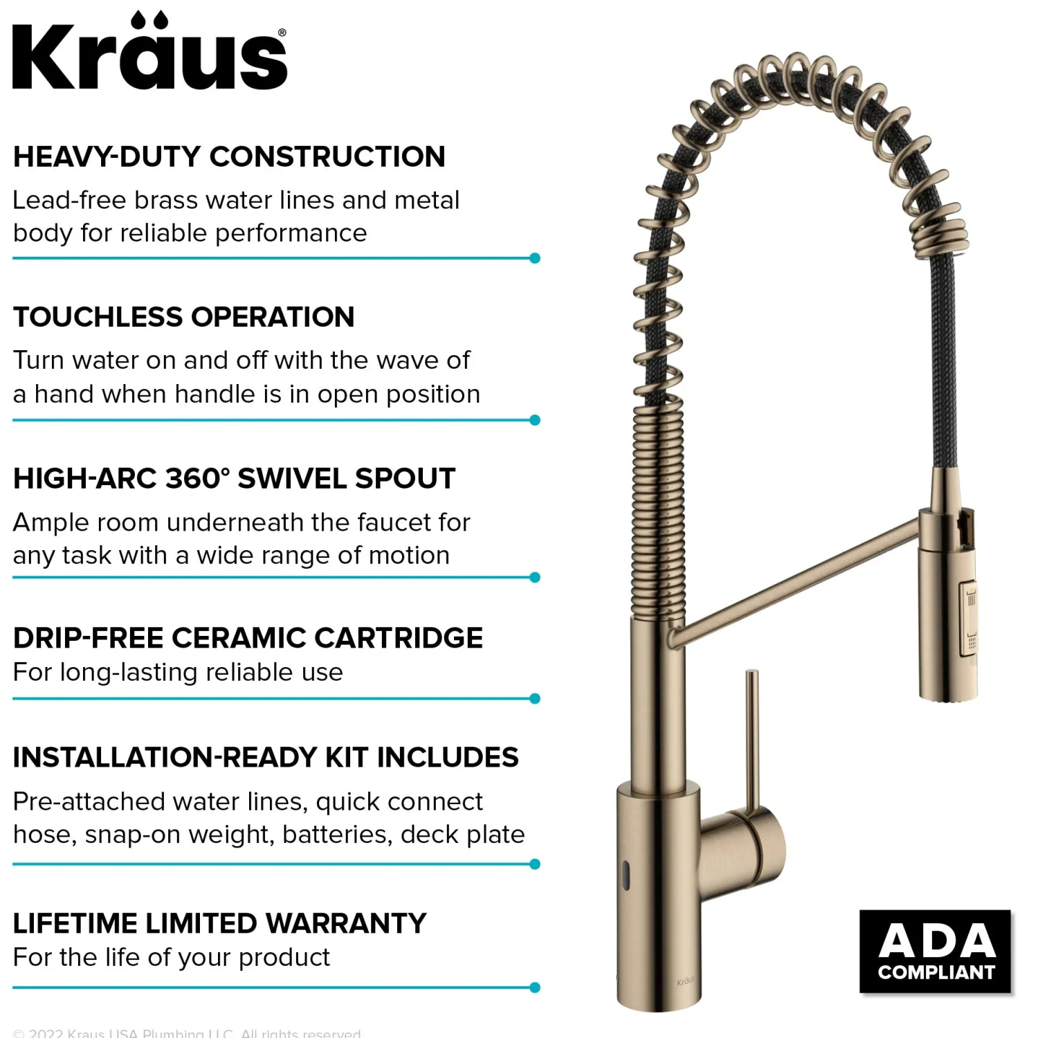 Discount Oletto Touchless Pull-Down Single Handle Faucet in Spot Free Antique Champagne Bronze Touchless, Sensor And Tap Activated Kitchen Faucets|Single Hole